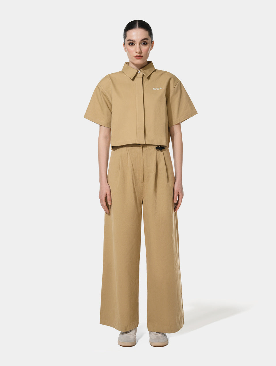 PLEAT DETAIL WIDE LEG PANTS - KHAKI