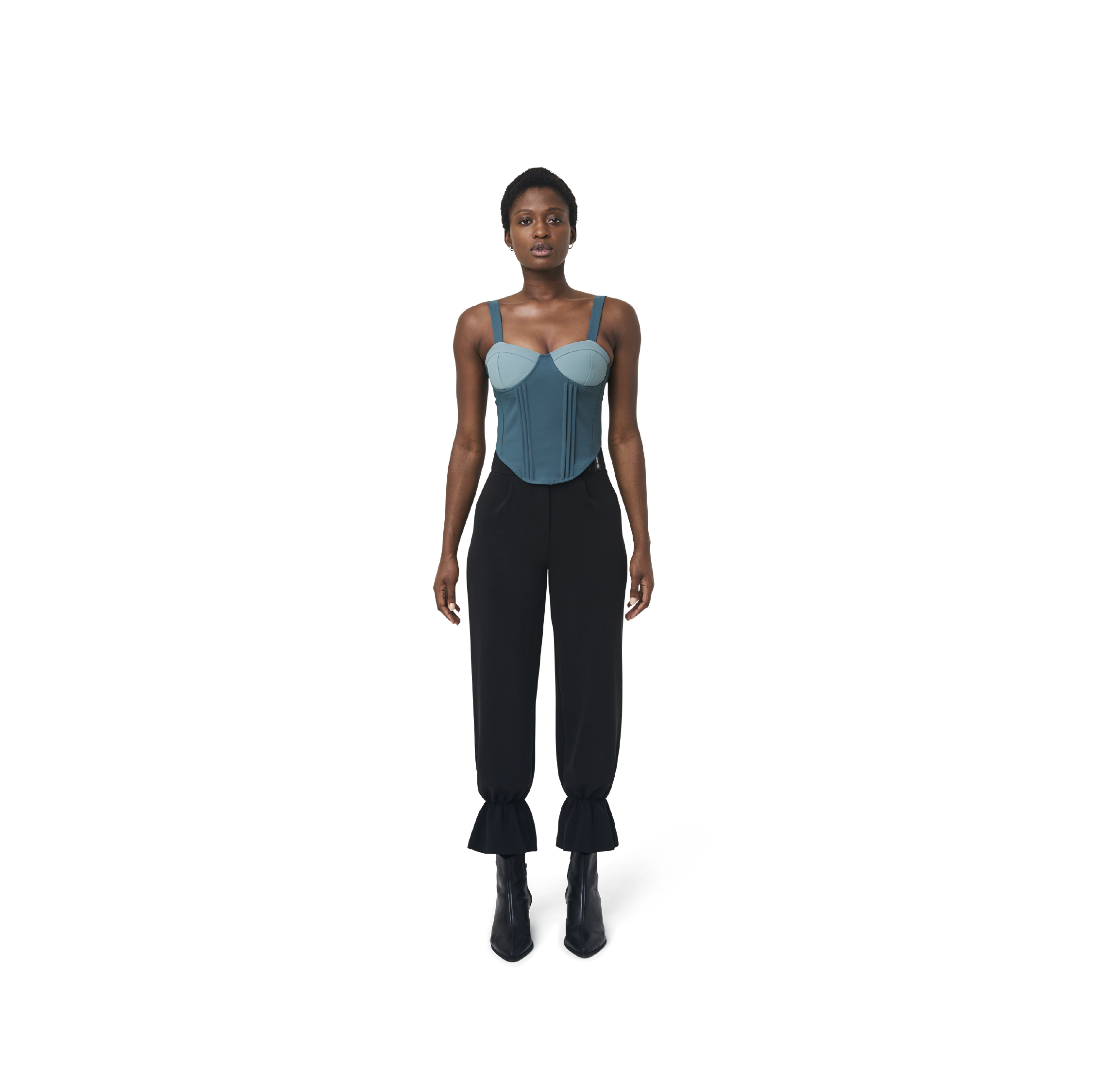 Cropped corset top in mix blue fabric color featuring lines details at front. logo patch sewn at Scoop neck. Full zipper at back.
